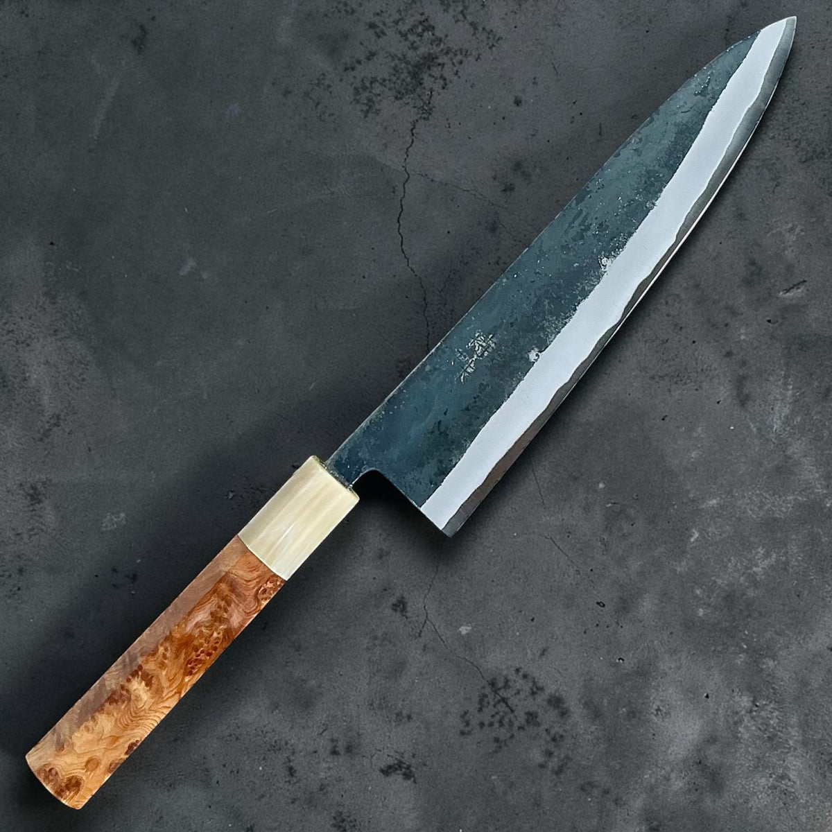 Tokushu Knife White No. 2 iron clad forged finish gyuto 210mm, cypress & horn, front view #handle_cypress & horn