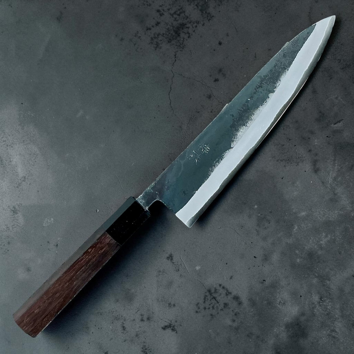 Tokushu Knife White No. 2 iron clad forged finish gyuto 210mm, ebony & horn, front view #handle_ebony & horn