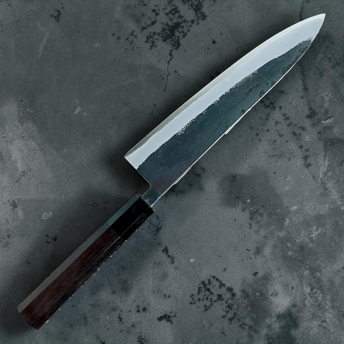 Tokushu Knife White No. 2 iron clad forged finish gyuto 210mm, ebony & horn, reverse view #handle_ebony & horn