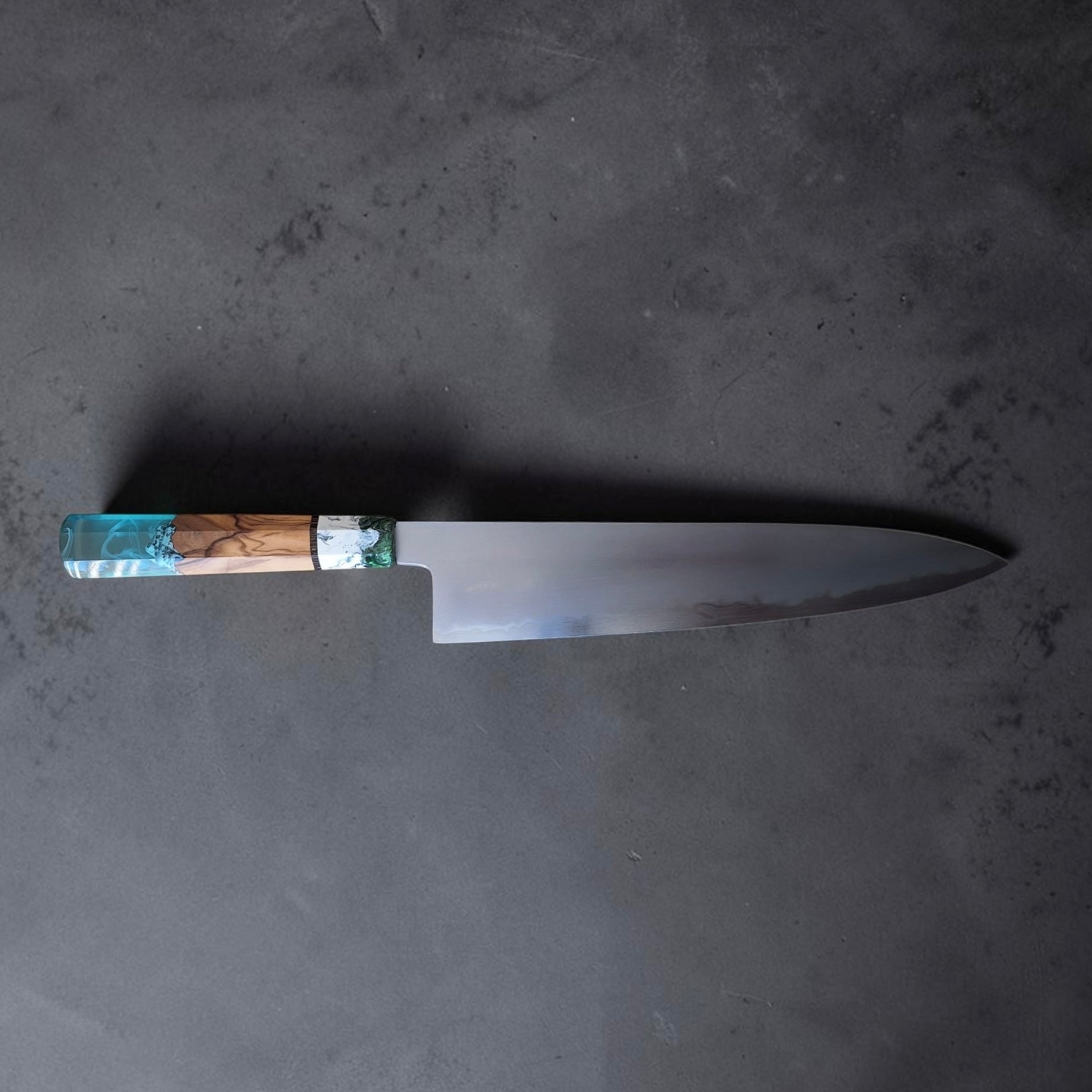 Yoshikazu Tanaka Aogami Super Steel Gyuto 255mm, close-up of blade kanji and Prisma handle ferrule detail.