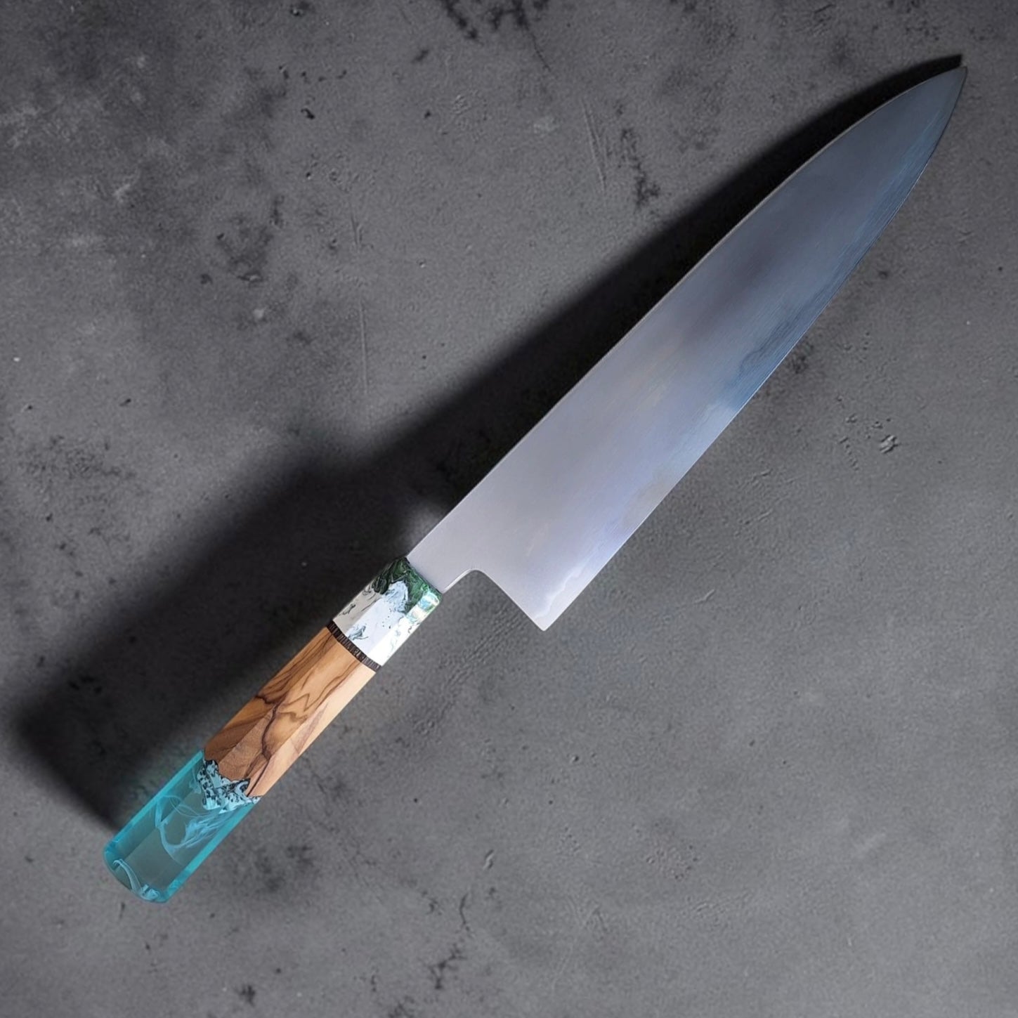 Yoshikazu Tanaka Aogami Super Steel Gyuto 255mm with Prisma knife handle, angled full view highlighting the satin blade finish.