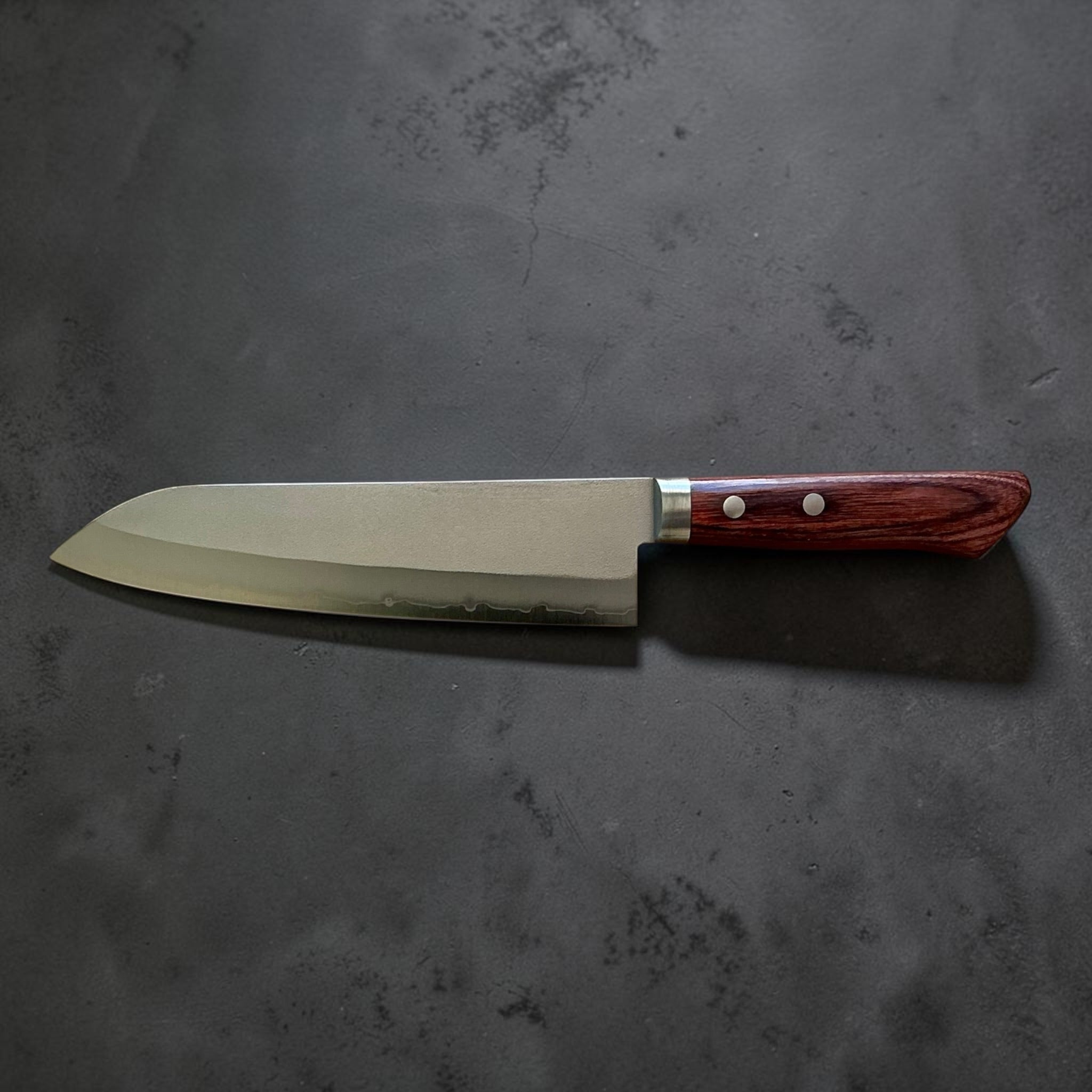 Masutani VG-1 Nashiji Gyuto 180mm with brown Western handle, full right-side view