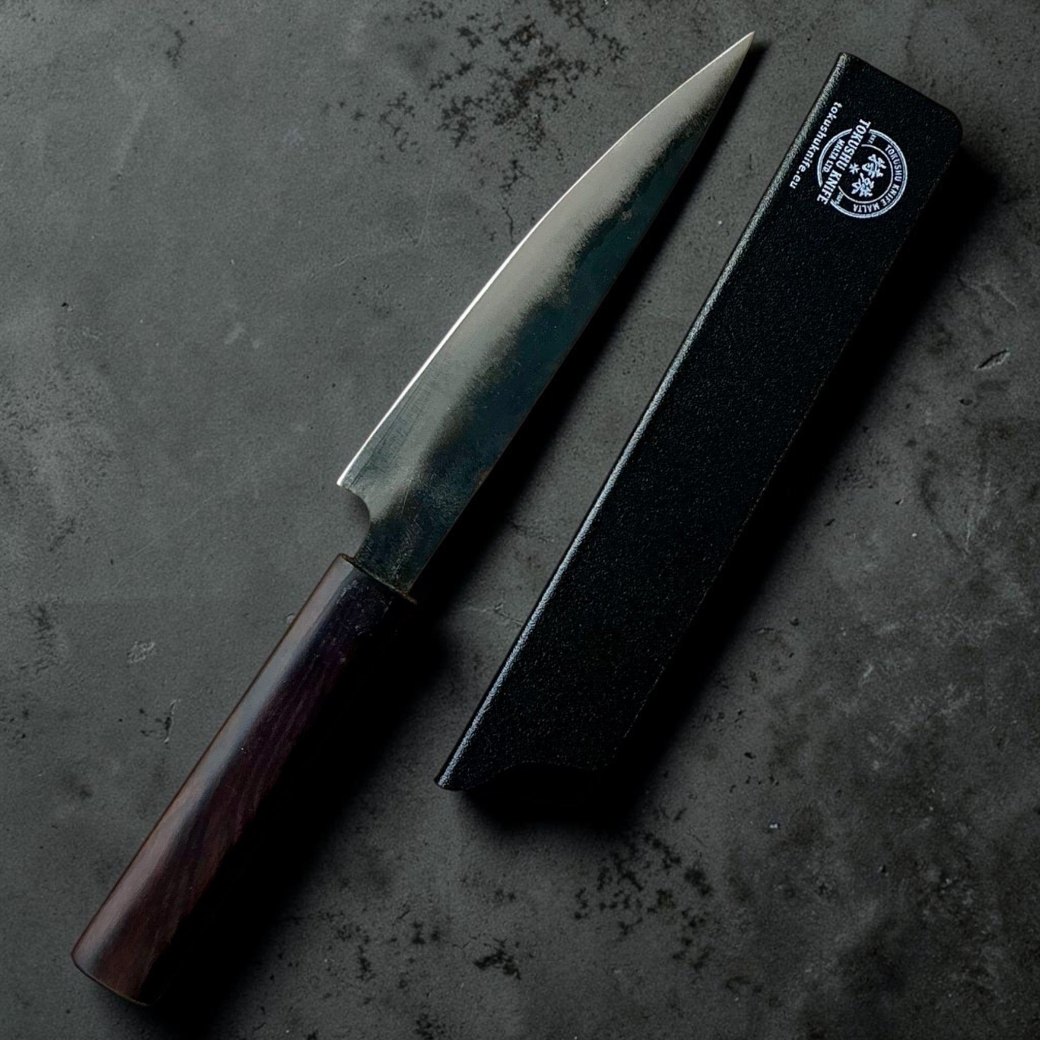 Dao Vua V3 52100 Kuro Tsuchime Petty with mono ebony handle and blade guard - reverse
