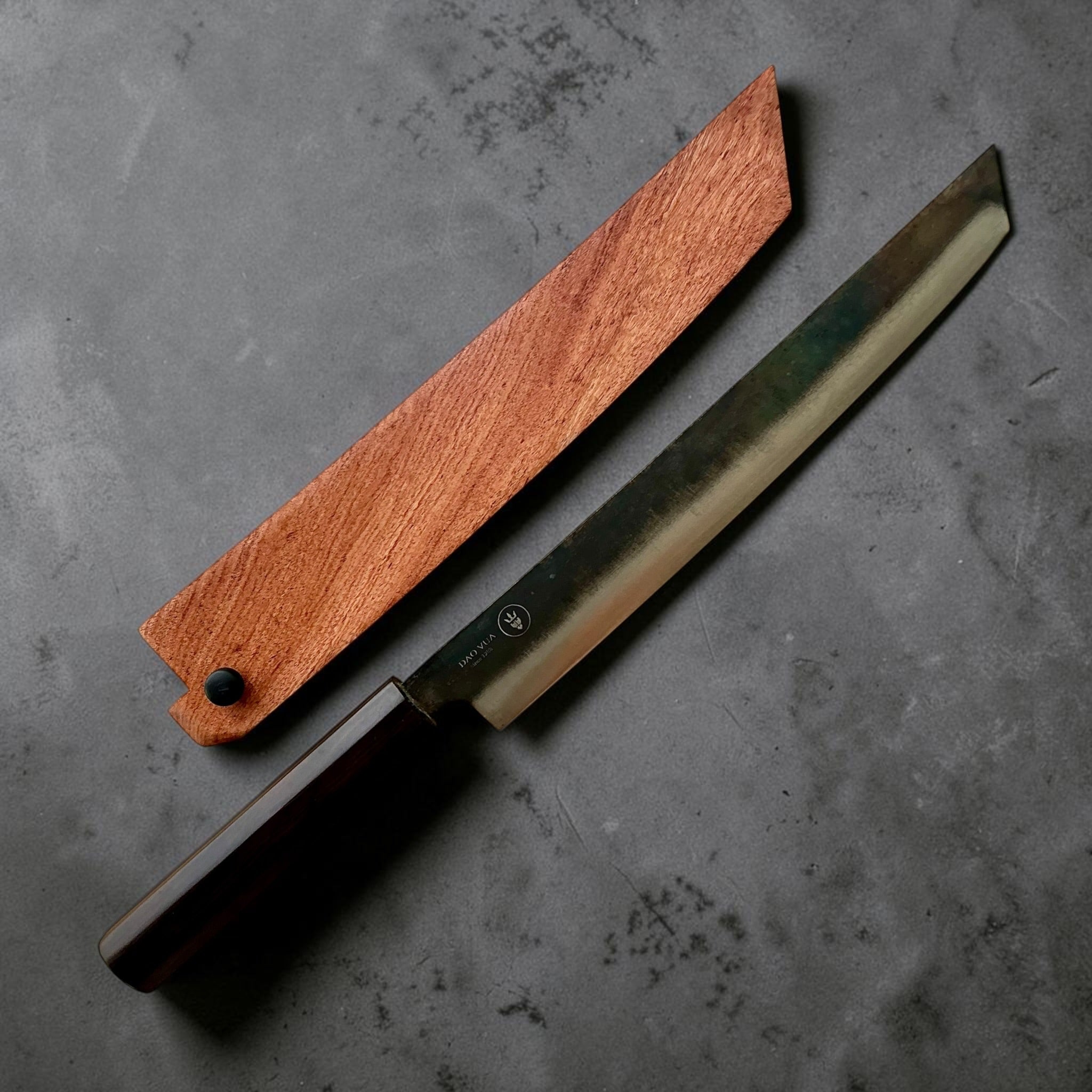 Dao Vua V3 52100 Kurouchi Sujihiki 270mm with mono ebony handle and fitted wooden saya