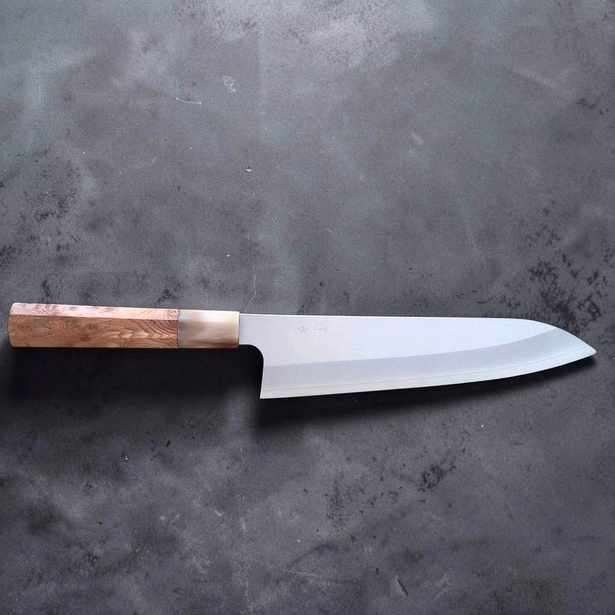 Daruma Hamono Ginsan #3 Migaki Gyuto 210 mm, full side profile showing the wa-handle and clean migaki blade finish.