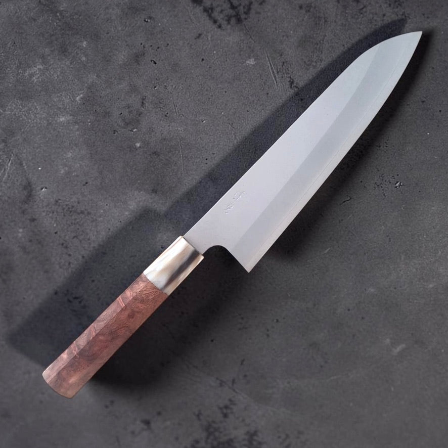 Daruma Hamono Ginsan #3 Migaki Gyuto 210 mm, close angled view showing the clean blade finish and handle transition.