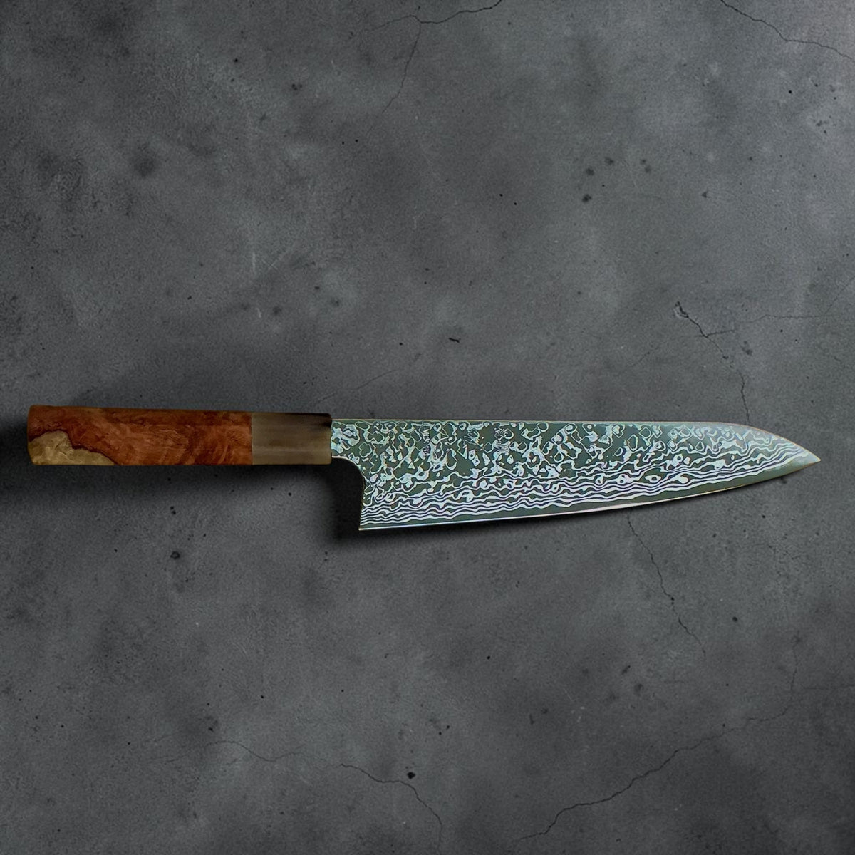 Hatsukokoro Ginga ATS-34 nickel Damascus gyuto 210 mm — amboyna and buffalo horn handle, side view