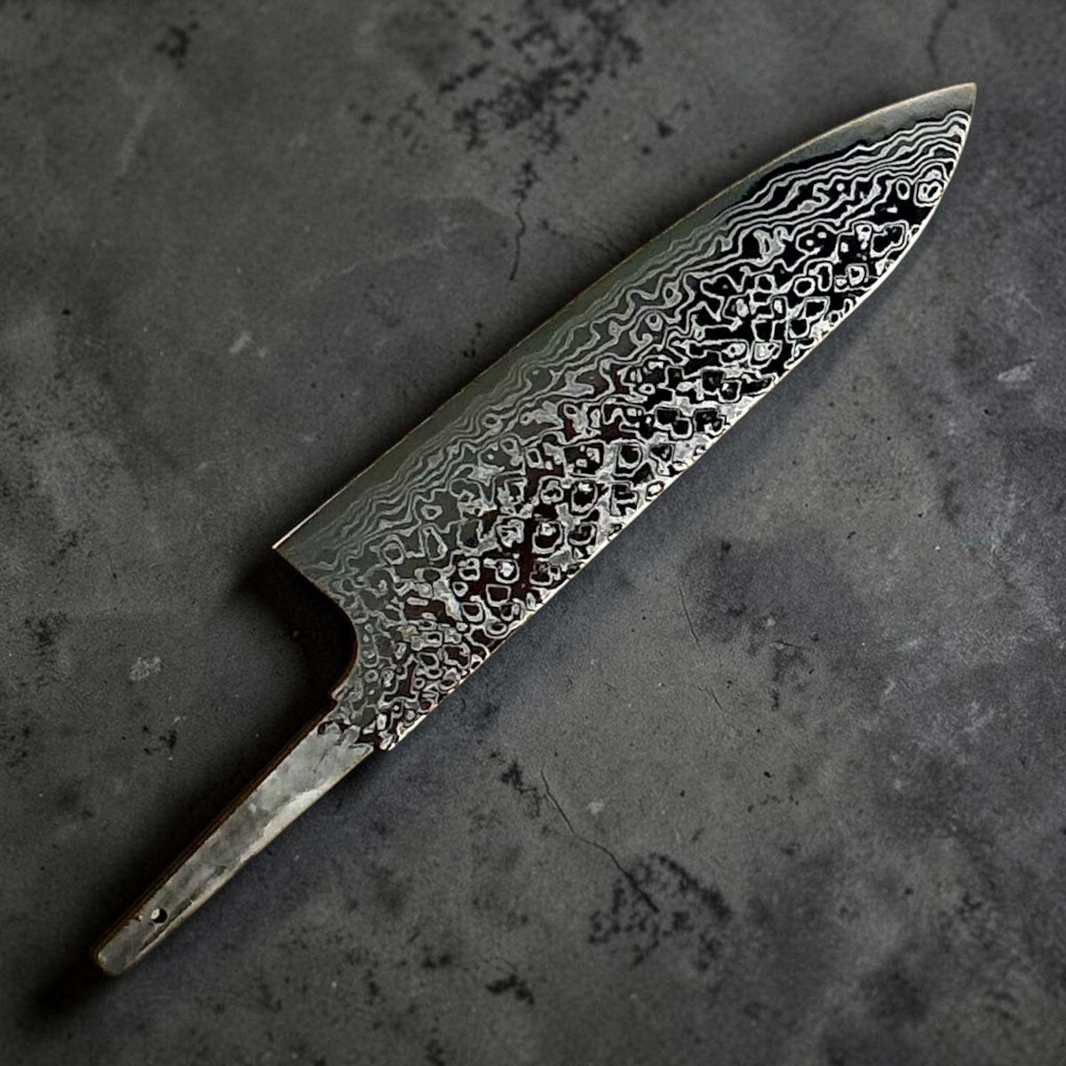 Hatsukokoro Ginga ATS-34 nickel Damascus santoku 180mm — blade only without handle, reverse view