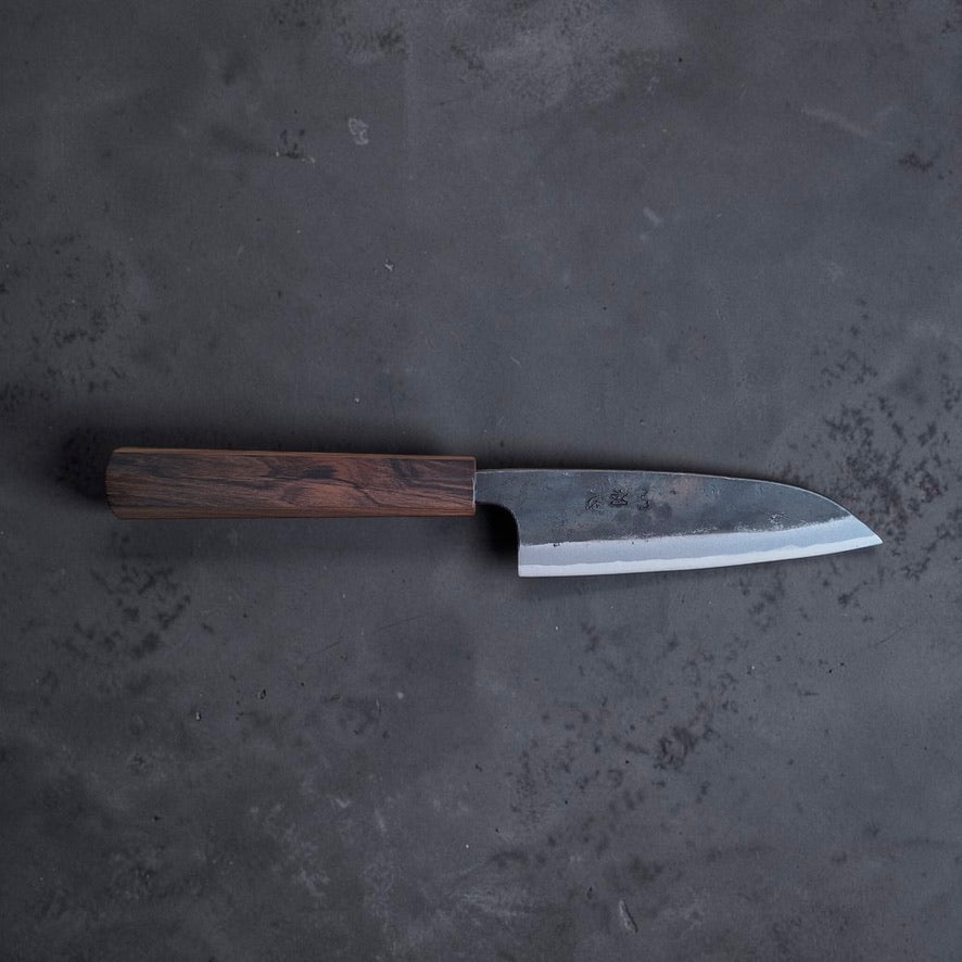 Full profile of Hatsukokoro Kokugei Blue #1 petty with ebony handle