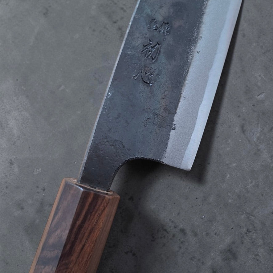 Kanji and polished bevel detail on Hatsukokoro Kokugei petty knife