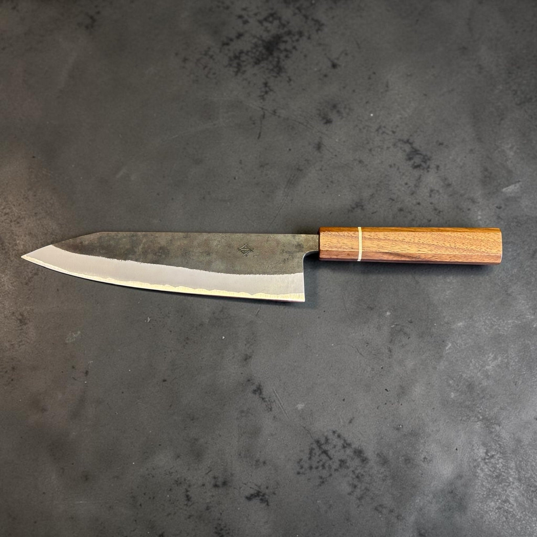 Right profile of the Imai Aogami Super Kurouchi Gyuto 210mm with Sanjo walnut handle