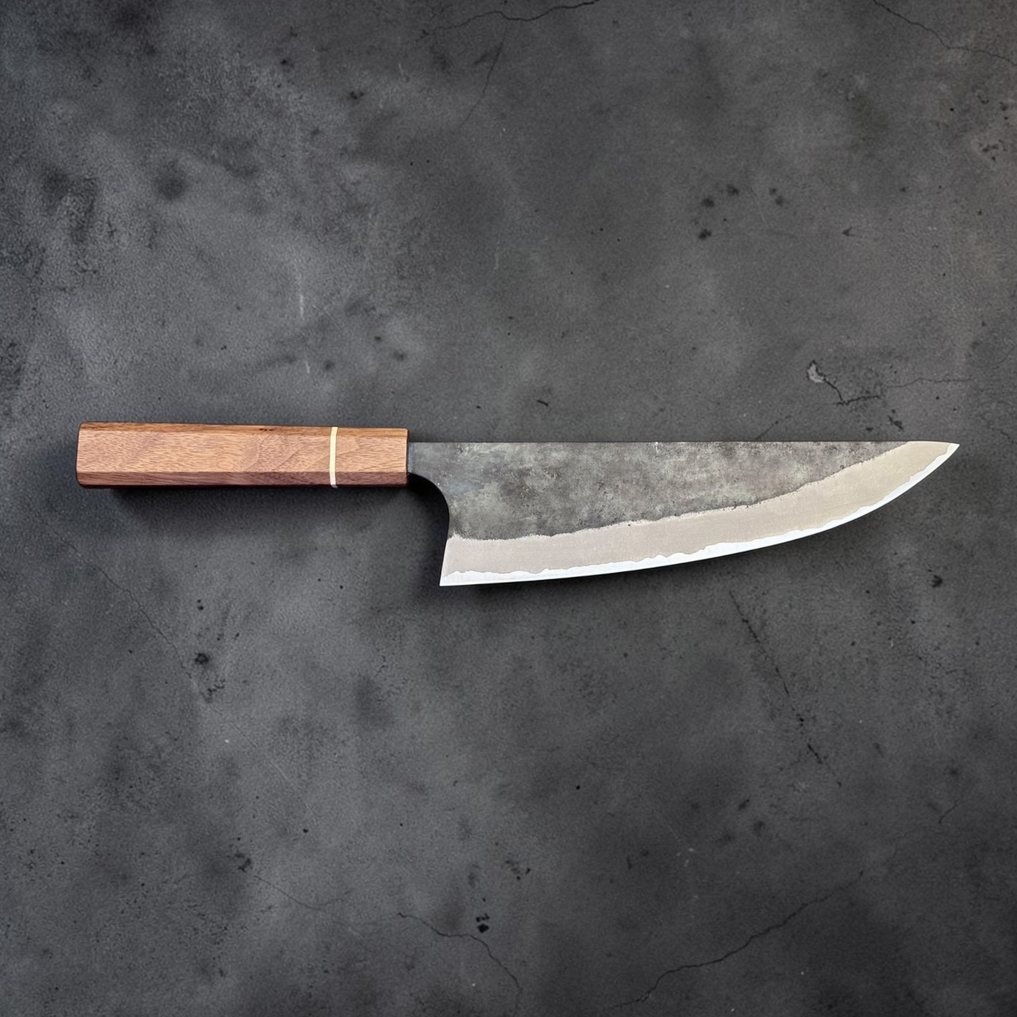 Imai AS Kurouchi USA Gyuto 220 mm with Sanjo walnut handle, side profile view showing gyuto blade shape and walnut handle.