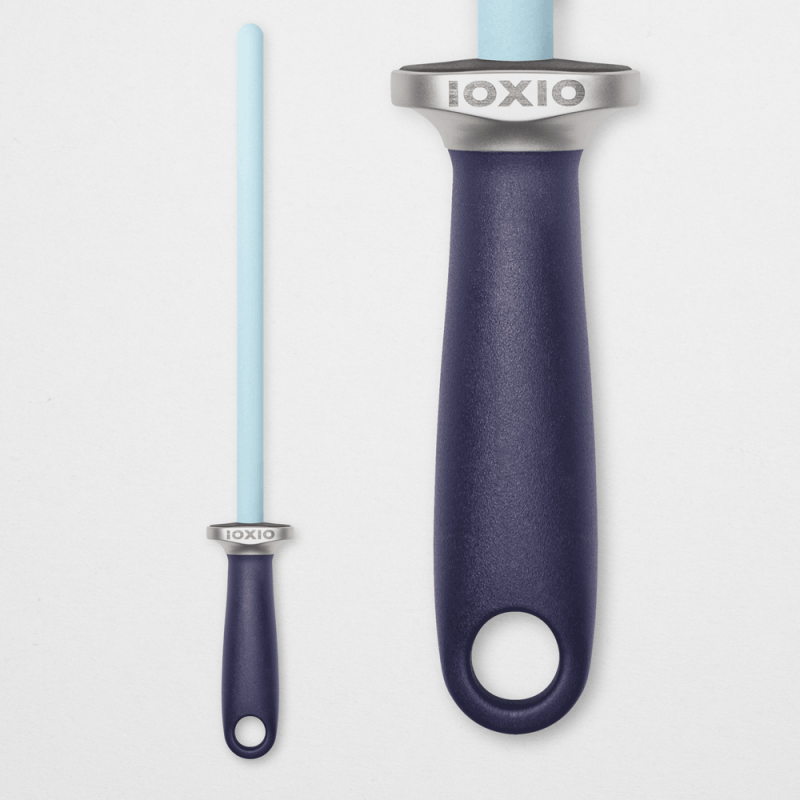 IOXIO Ultra Fine ceramic sharpening rod with light blue ceramic and dark blue handle