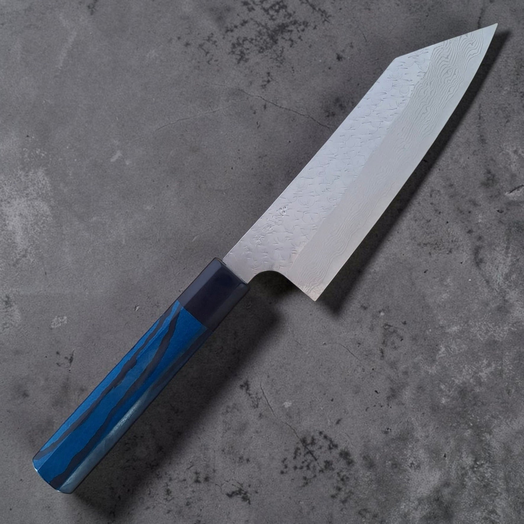 Nigara SG-STRIX Damascus Bunka 170mm with indigo dyed handle, kanji side hero view