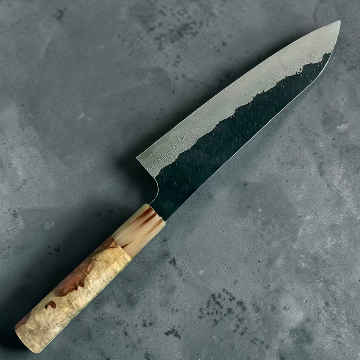 Nigara SG-STRIX Kurouchi Damascus Gyuto 210mm, Amboyna contrasté et corne, verso #handle_amboyna contrast & horn