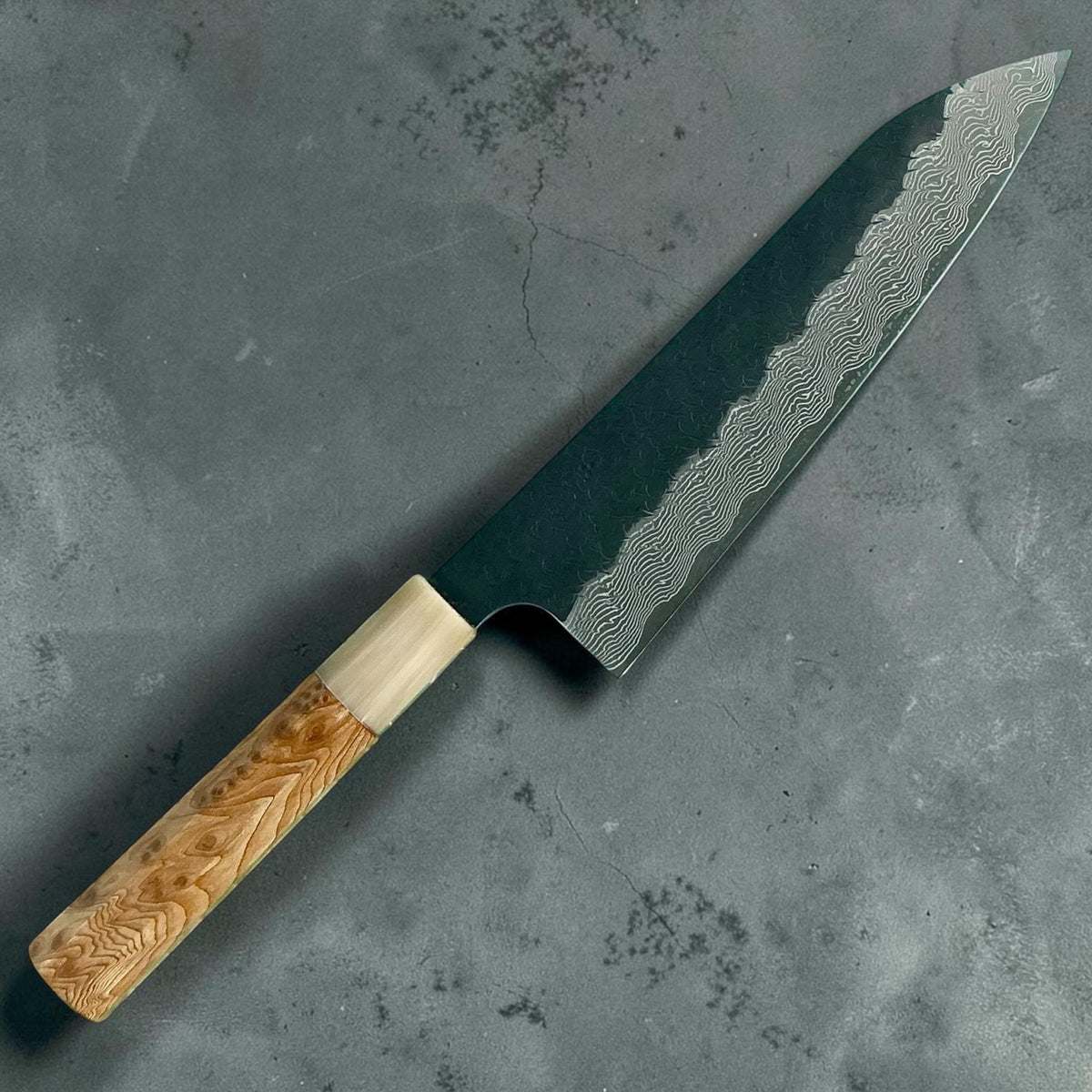 Nigara SG-STRIX Kurouchi Damascus Gyuto 210mm, cyprès et corne, vue avant #handle_cypress & horn