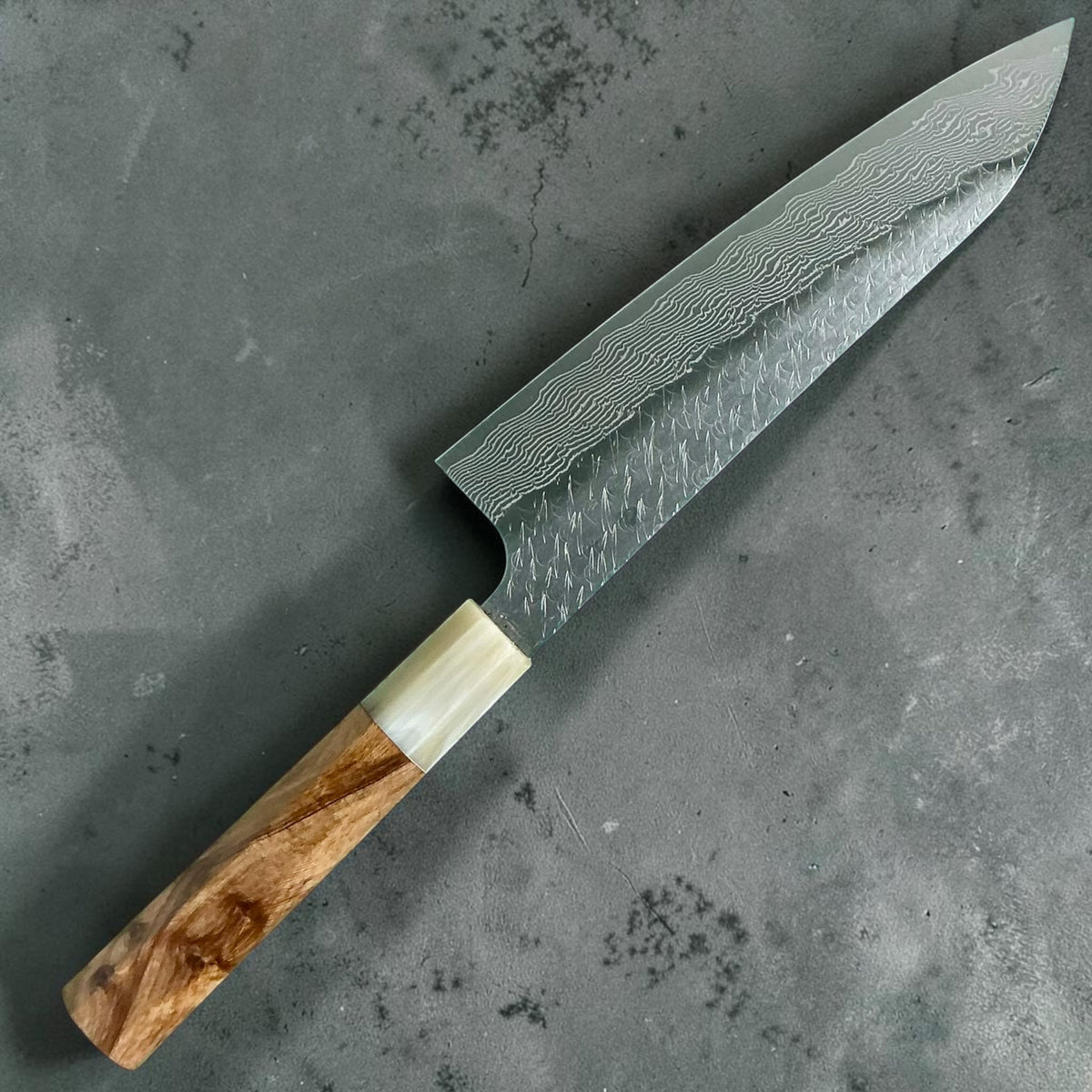 Nigara STRIX Gyuto 210mm, cipresso & corno, vista posteriore #handle_cypress & horn
