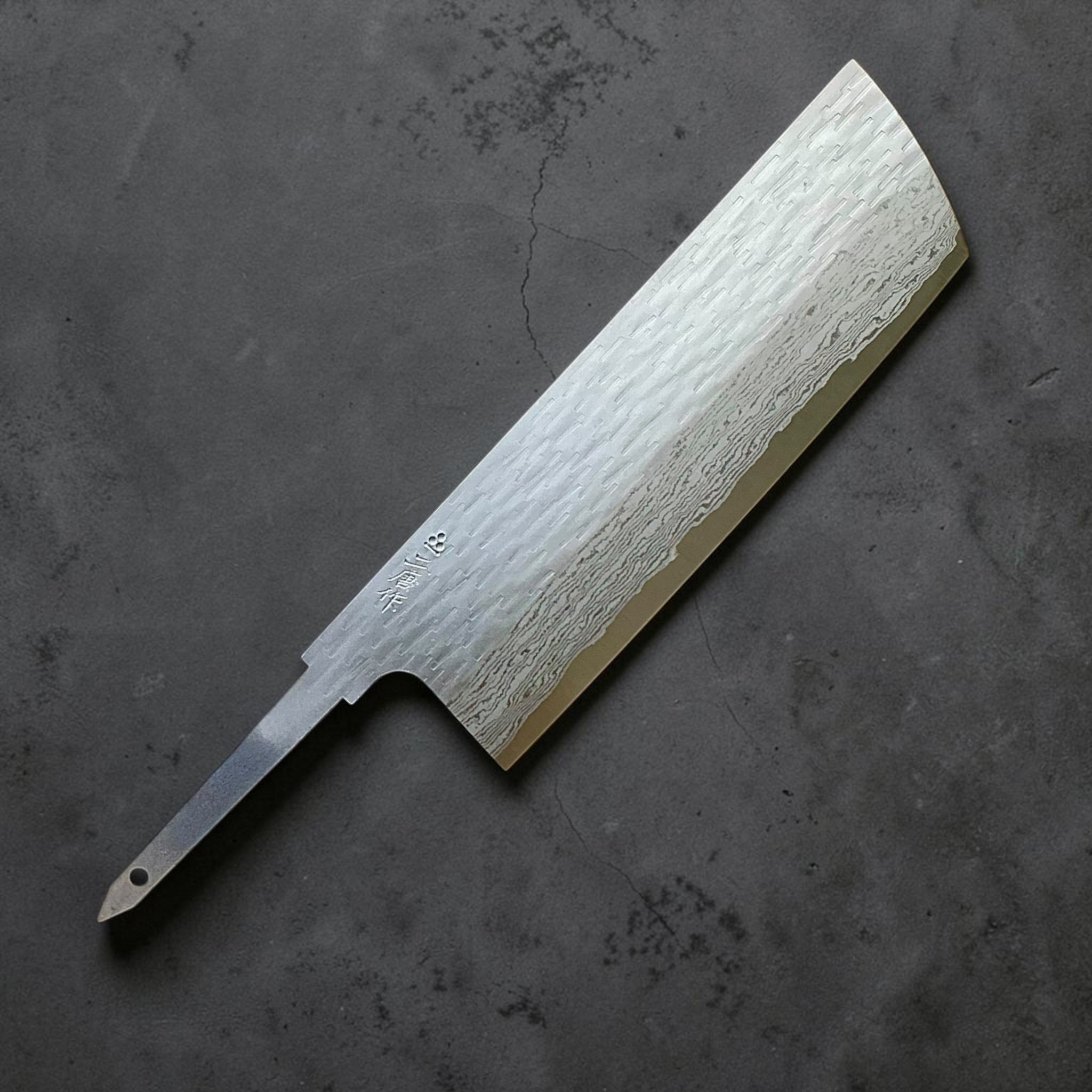 Nigara VG-XEOS polished tsuchime nakiri 165mm blade only with exposed tang, front view.