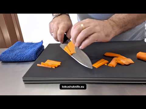Hasegawa Pro Use Lite Black cutting board in use with a Hatsukokoro Ryuhyo SG2 210mm Gyuto at Tokushu Knife Malta