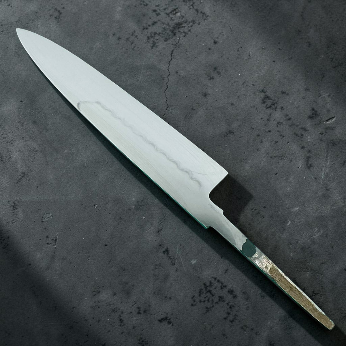 Sakai Hokushin Ikeda x Nomura Blue No. 2 oil-honyaki gyuto 245mm, blade only, angled reverse-side view #handle_blade only