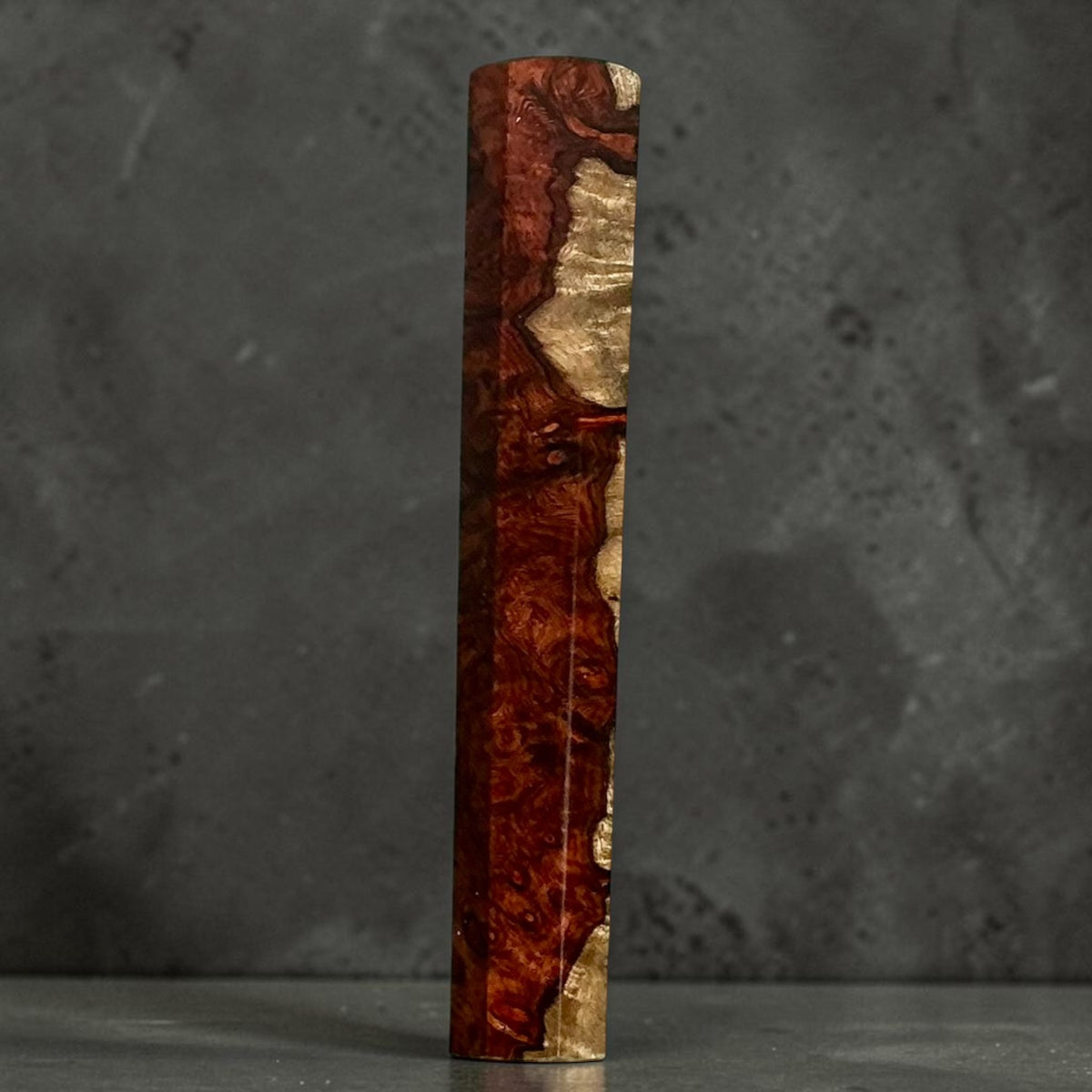 152 mm sujihiki / slicer handle, Amboyna with Contrast No. 1, reddish-brown figuring with broad pale contrast along one side #handle_amboyna with contrast no. 1