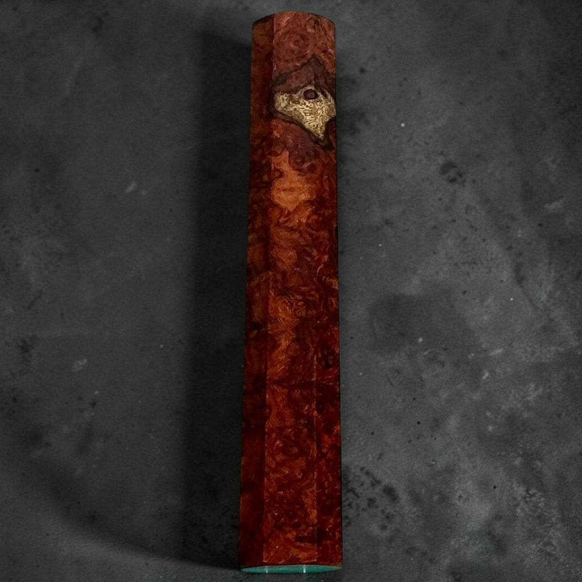 152 mm sujihiki / slicer handle, Amboyna with Contrast No. 2, deep reddish-brown swirling grain with a smaller pale patch near the top #handle_amboyna with contrast no. 2