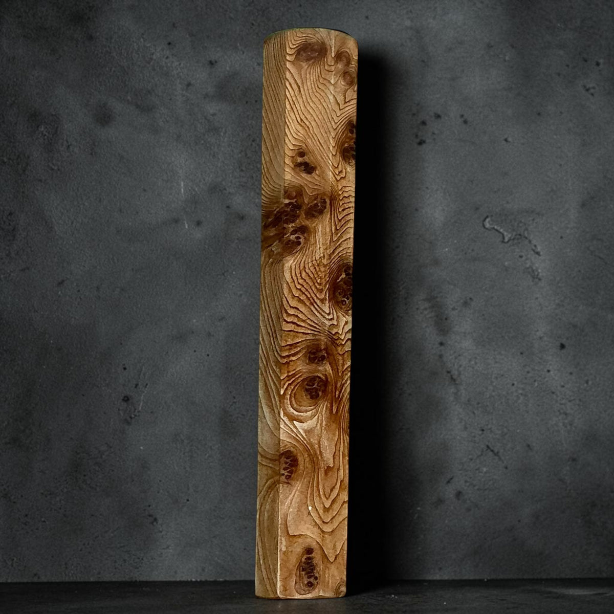152 mm sujihiki / slicer handle, Full Cypress No. 1, golden grain with flowing fine lines and dark eye-like markings #handle_full cypress no. 1