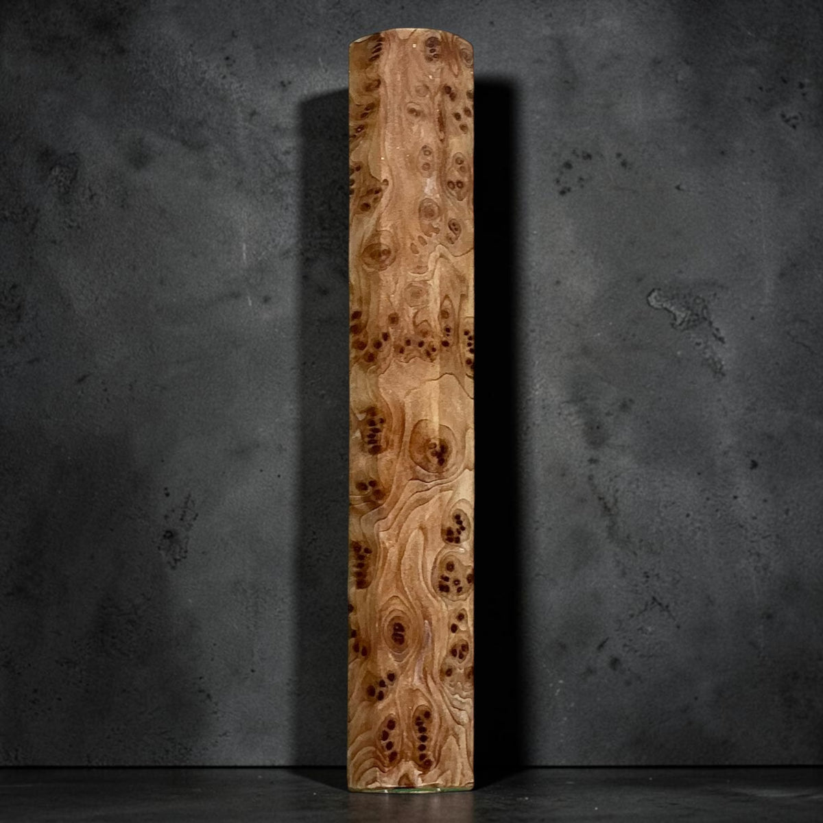 152 mm sujihiki / slicer handle, Full Cypress No. 2, pale honey-brown grain with scattered dark eye-like markings #handle_full cypress no. 2