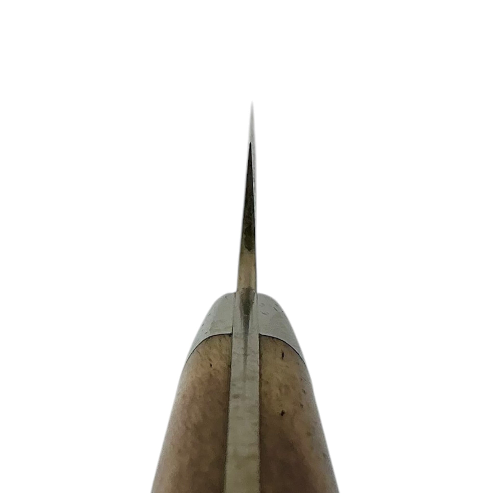 Takeshi Saji VG-10 Gold Damascus Petty 90 mm, choil- en rugaanzicht.