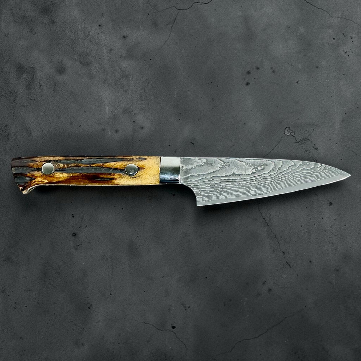 Takeshi Saji VG-10 Kuro Damascus Petty 90 mm – full side profile showing blade shape and handle
