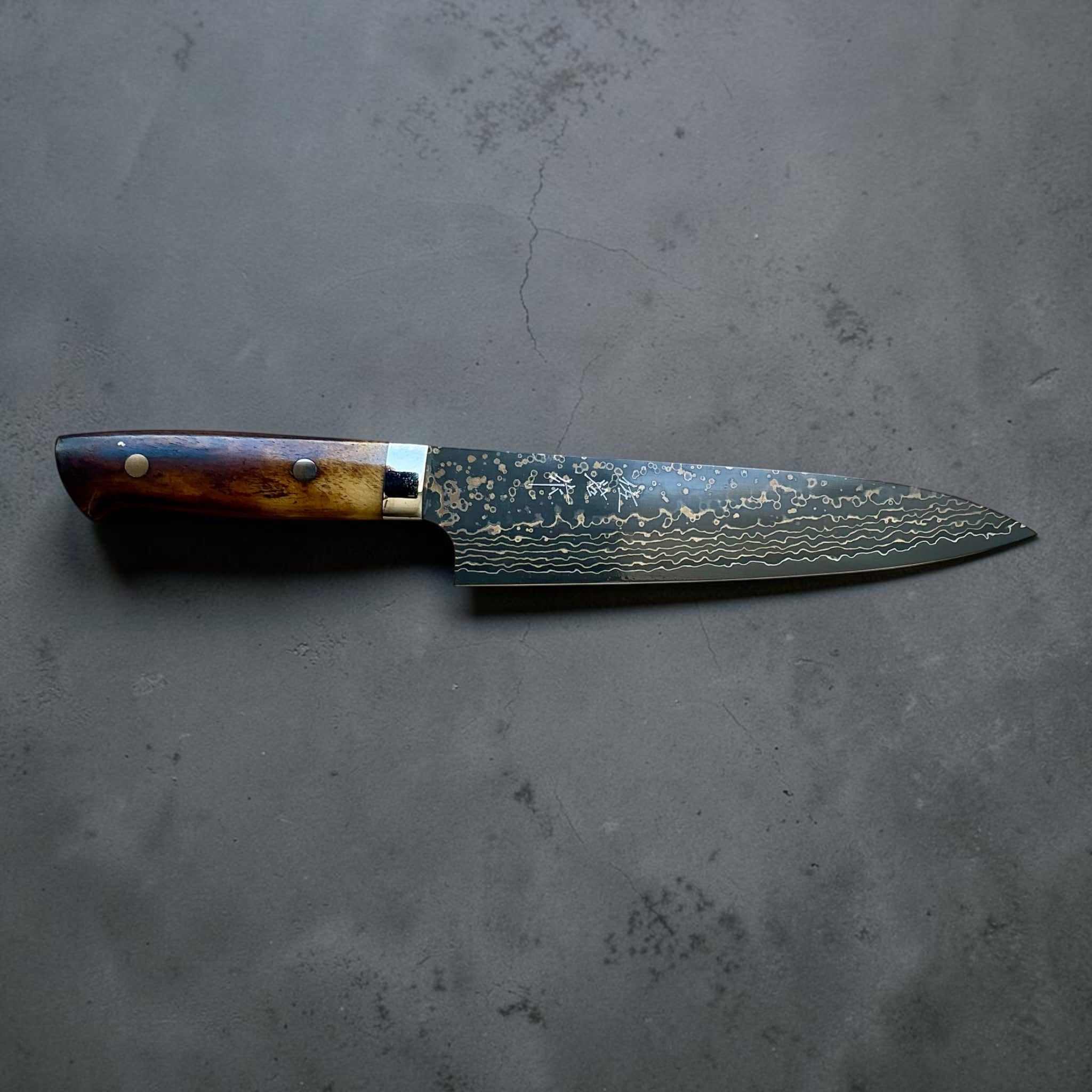 Takeshi Saji VG-10W Gold Damascus Gyuto 180 mm with cow bone Western handle, full left-side profile.