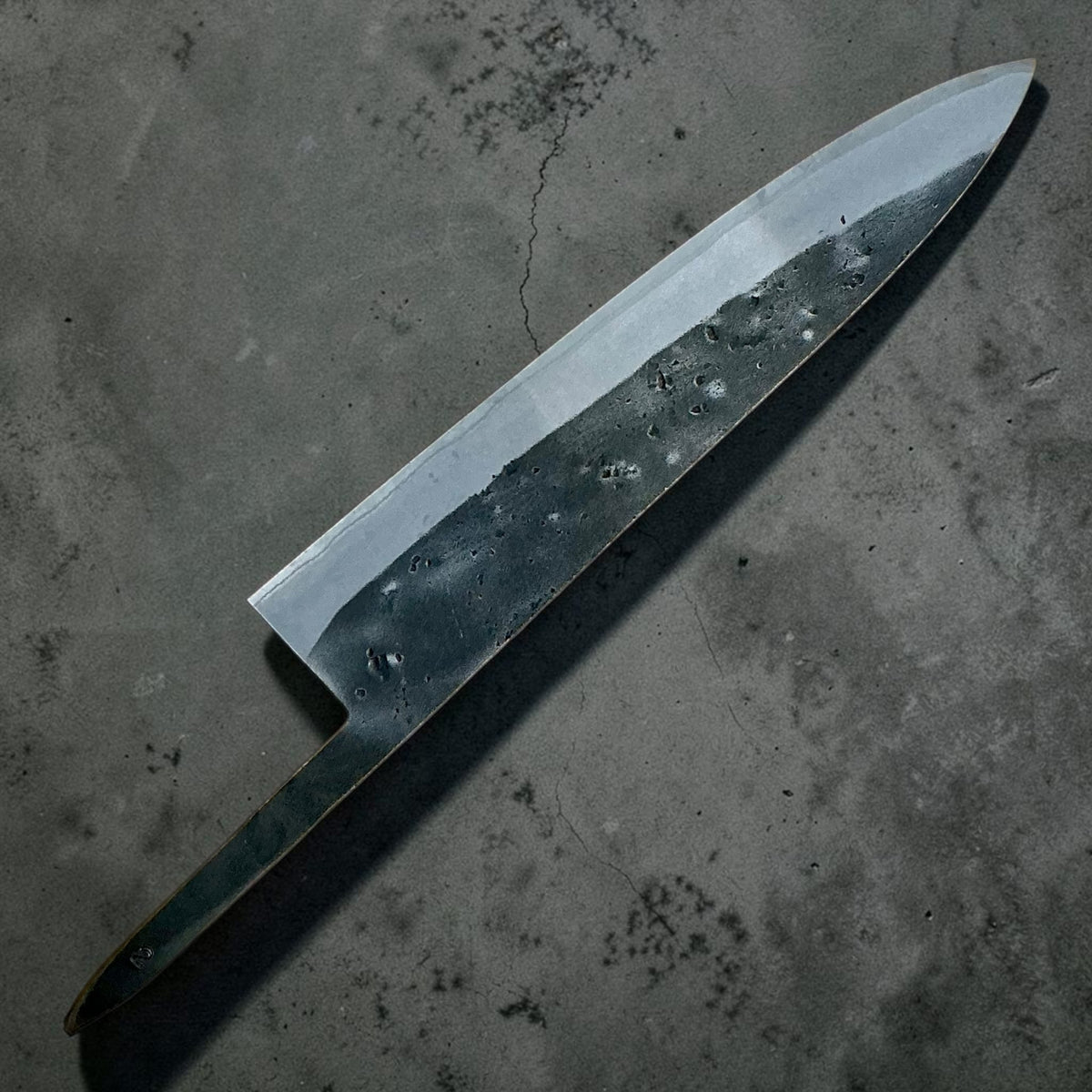 Tokushu Knife Stainless Clad Blue No. 2 Nashiji Gyuto 210mm with no handle, reverse side with tang #handle_blade only
