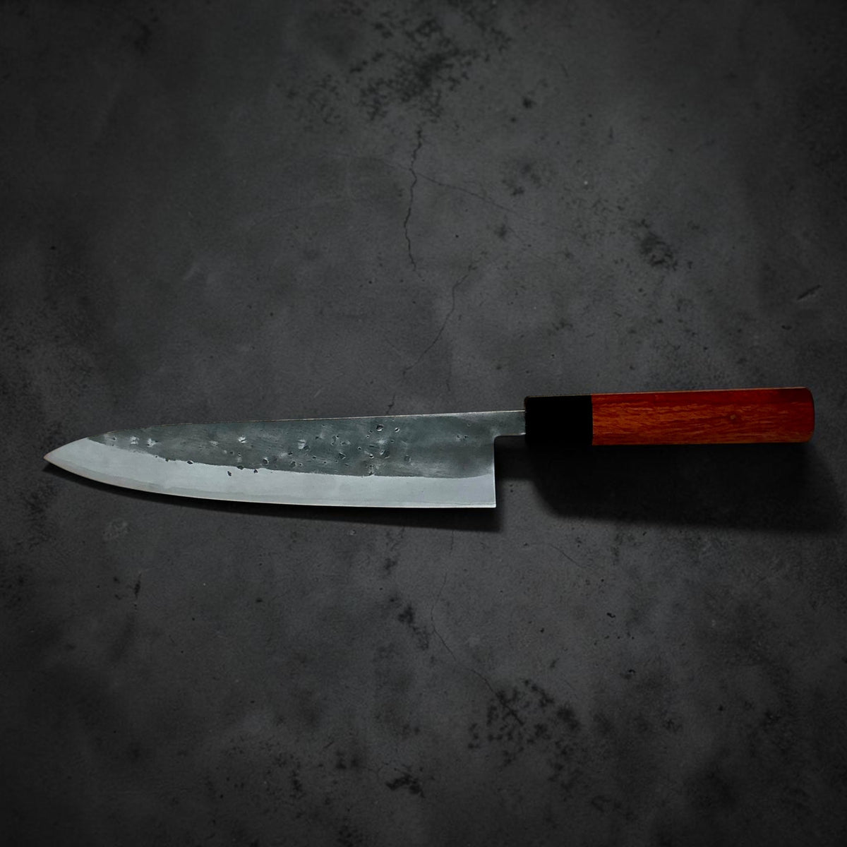 Tokushu Knife Stainless Clad Blue No. 2 Nashiji Gyuto 210mm with rosewood and ebony wa handle, reverse side profile #handle_rosewood & ebony