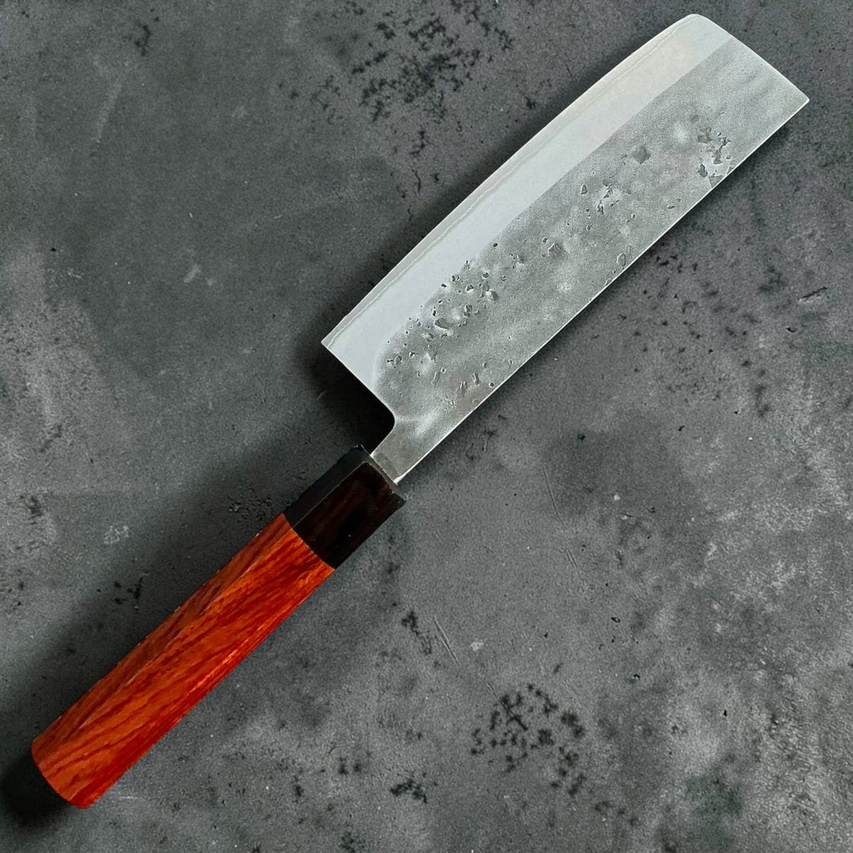 Tokushu Knife stainless clad Blue No. 2 Nashiji Nakiri 165mm — rosewood and ebony handle, reverse angled view #handle_rosewood & ebony