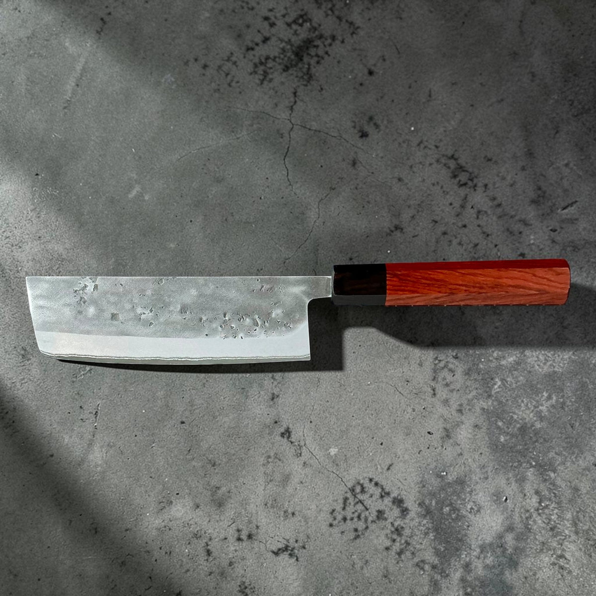 Tokushu Knife stainless clad Blue No. 2 Nashiji Nakiri 165mm — rosewood and ebony handle, reverse side view #handle_rosewood & ebony