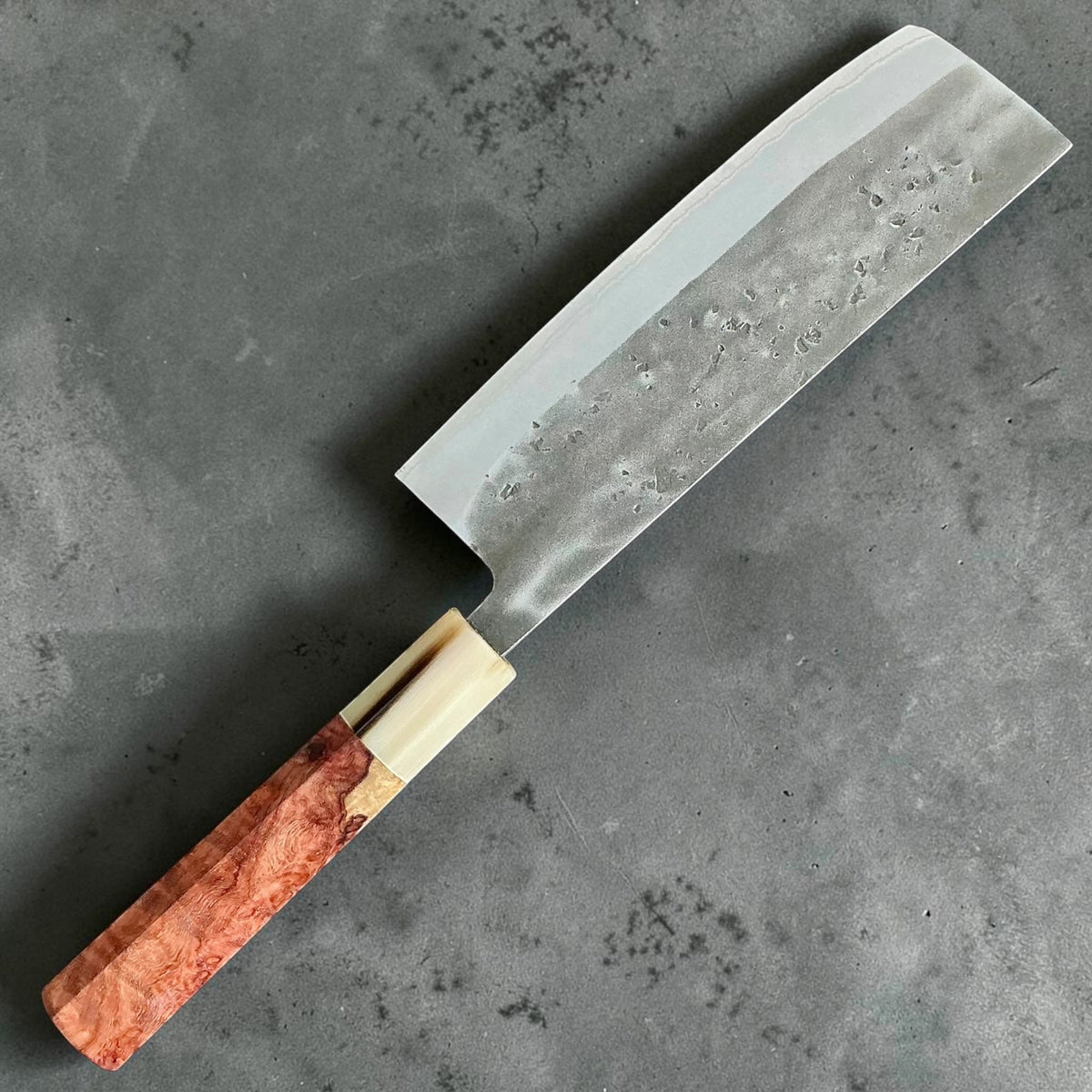Tokushu Knife stainless clad Blue No. 2 Nashiji Nakiri 165mm — Amboyna and buffalo horn knife 1, reverse view #handle_amboyna & buffalo horn no. 1