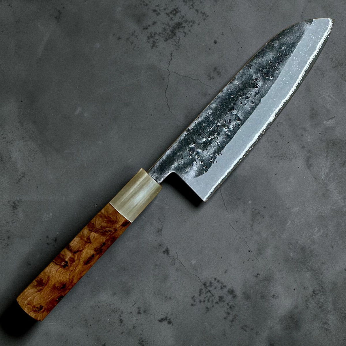 Tokushu Knife Blue #2 Nashiji Santoku 165 mm with cypress and buffalo horn wa handle, hero view