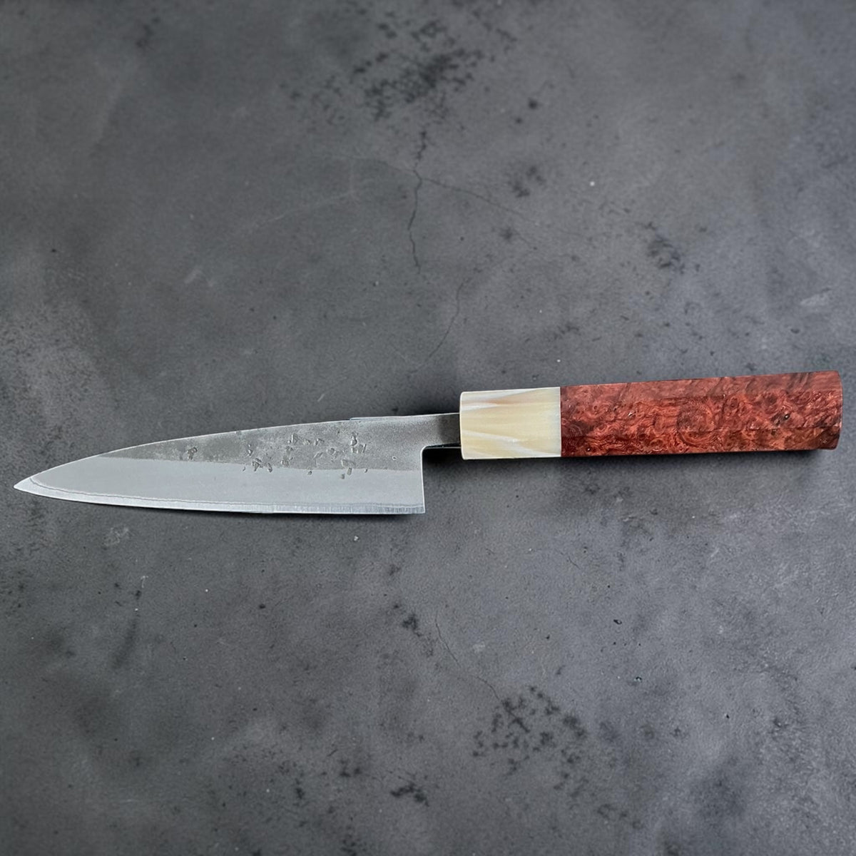 Tokushu Knife stainless clad Blue No. 2 Nashiji petty 135 mm with rosewood and buffalo horn handle A, reverse full side view #handle_rosewood & buffalo horn a