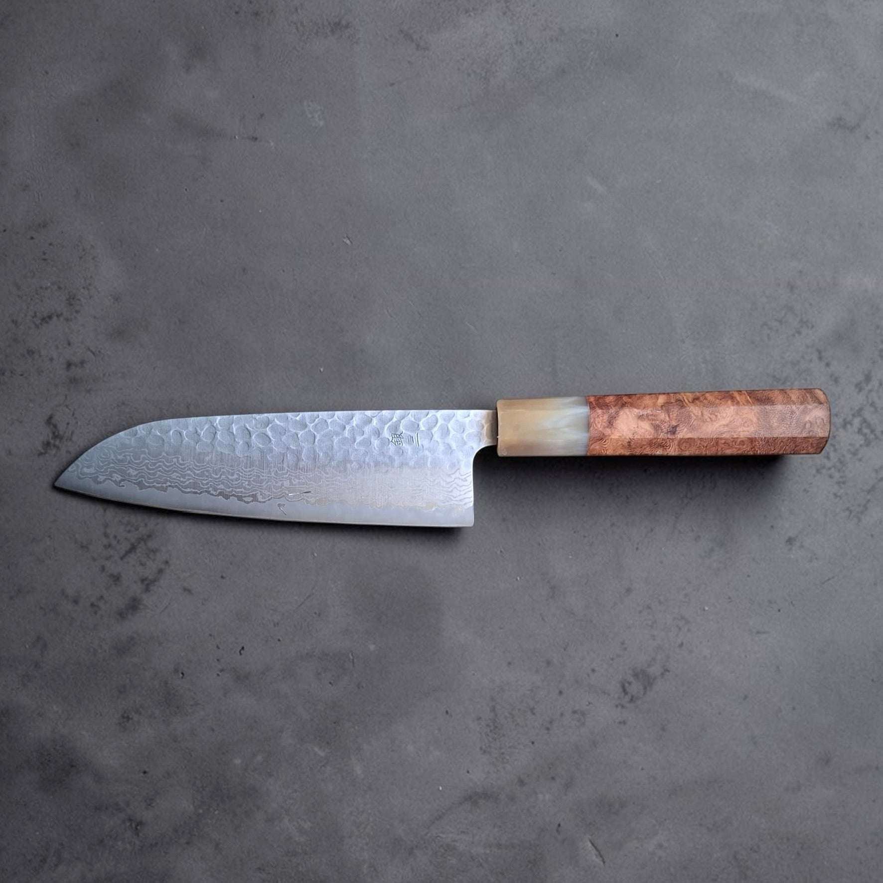 Exact amboyna burl handle reference for Tokushu Ginsan #3 santoku, Handle 2 front view