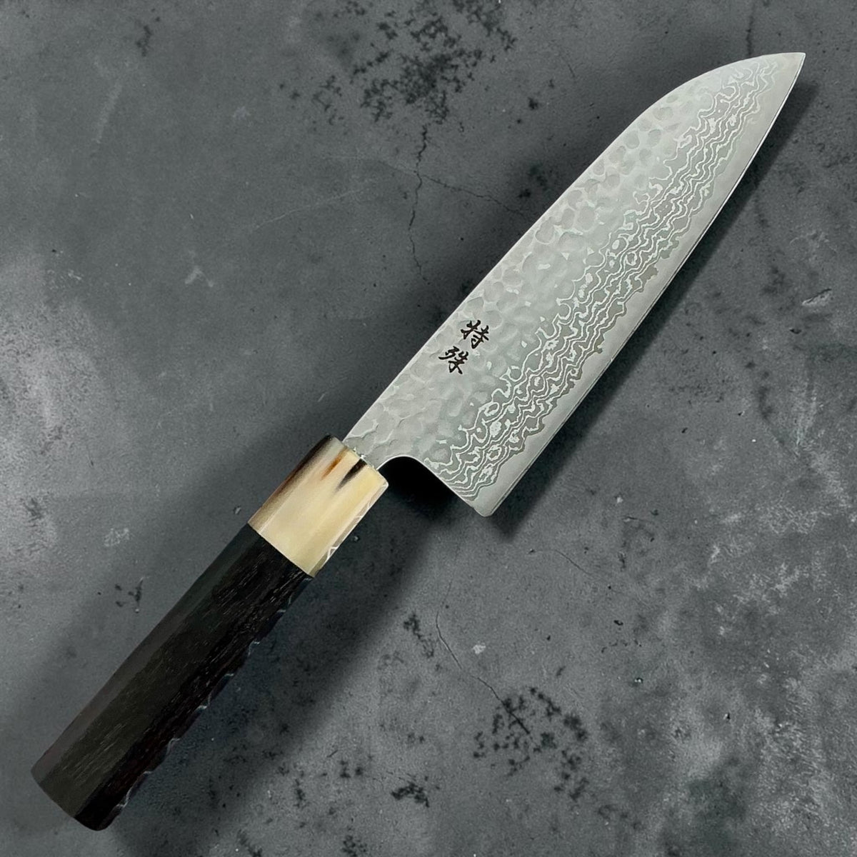 Tokushu Knife Ginsan No. 3 Tsuchime Damascus Santoku 165mm, Mono Ebony with Horn, front view #exact handle_mono ebony with horn