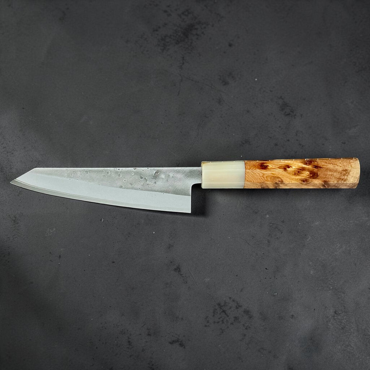 Tokushu Knife Honesuki 150mm Nashiji Blue No. 2 with cypress and horn handle, full knife side view #handle_cypress & horn