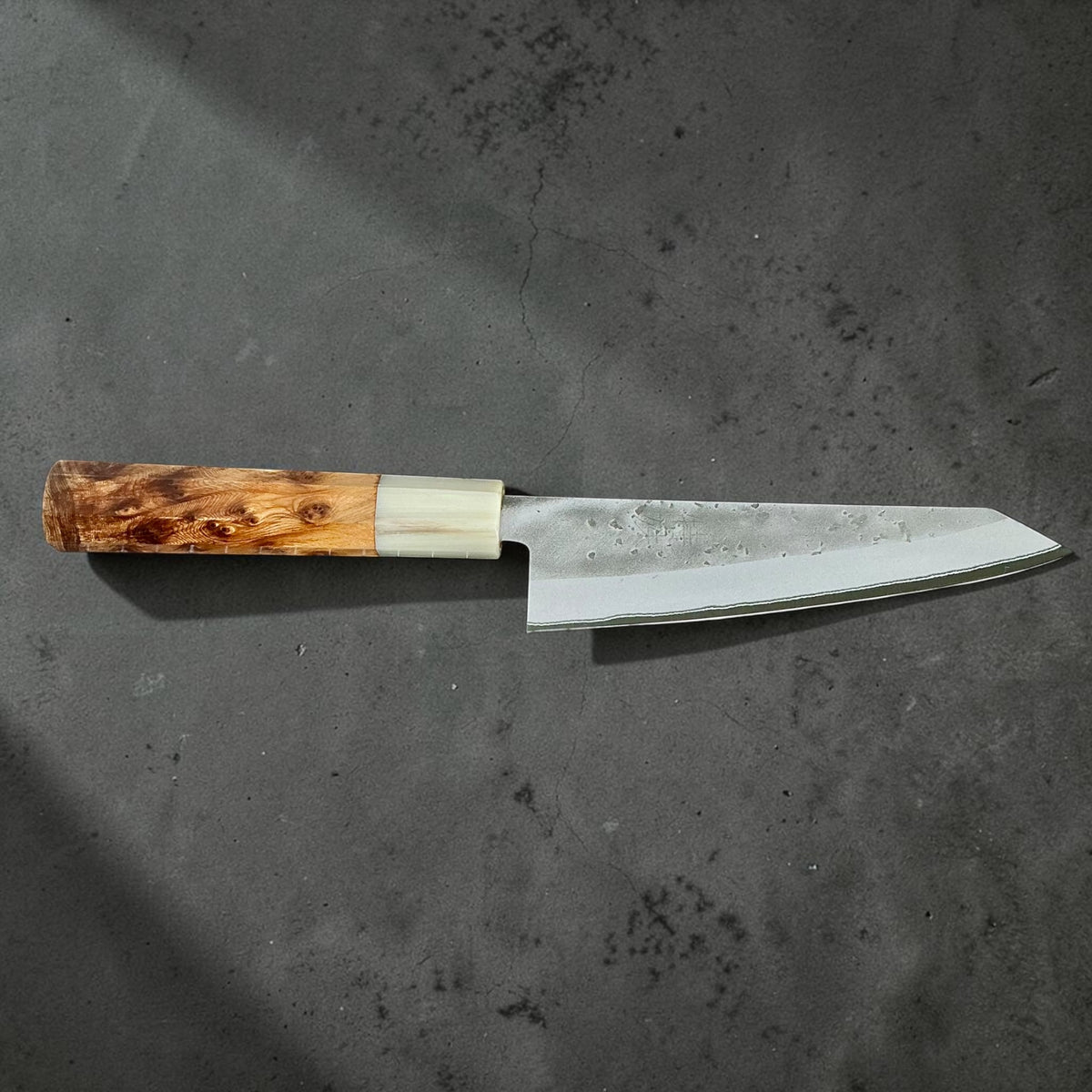 Tokushu Knife Honesuki 150mm Nashiji Blue No. 2 with cypress and horn handle, full knife opposite side #handle_cypress & horn