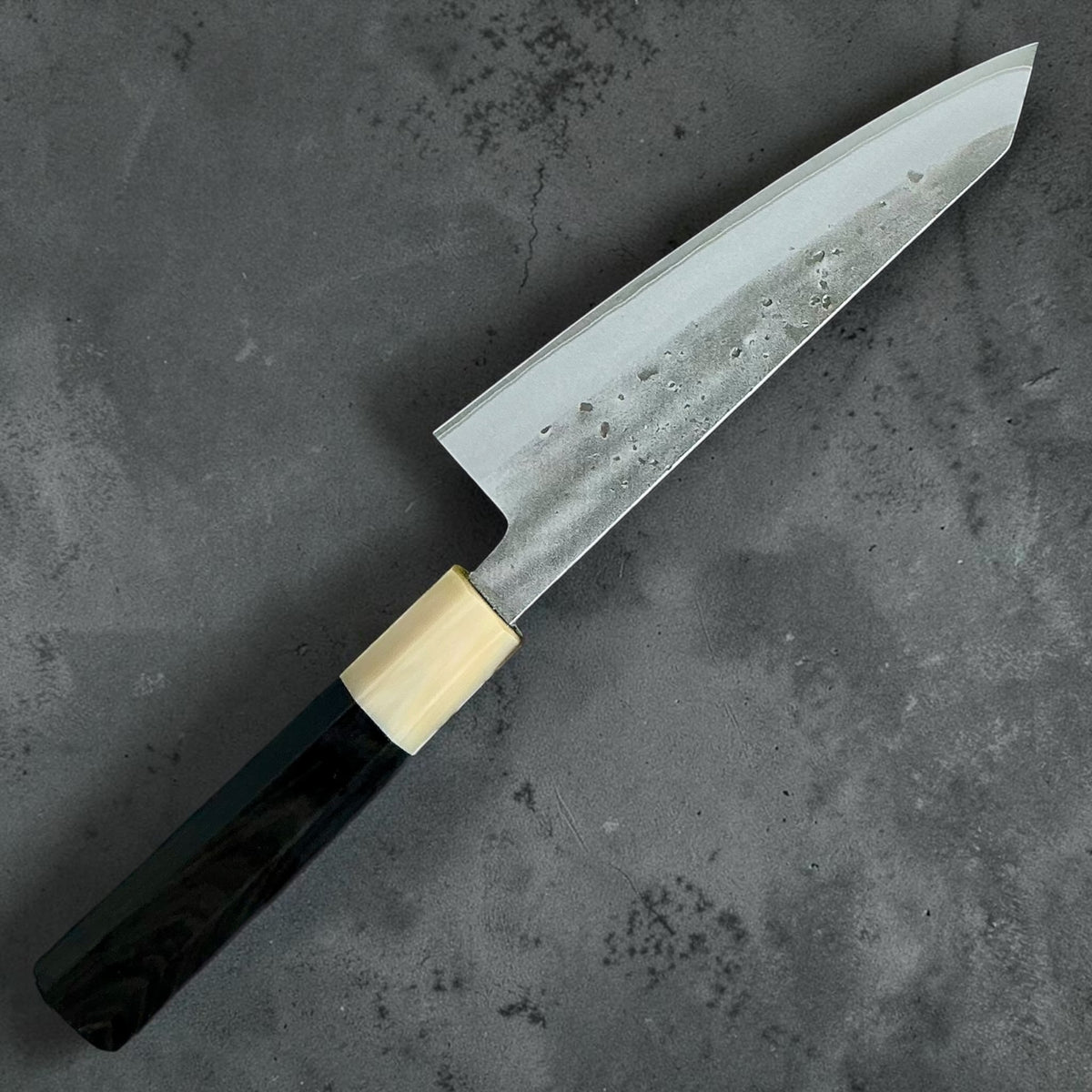 Tokushu Knife Honesuki 150mm Nashiji Blue No. 2, ebony & horn, reverse view #handle_ebony & horn