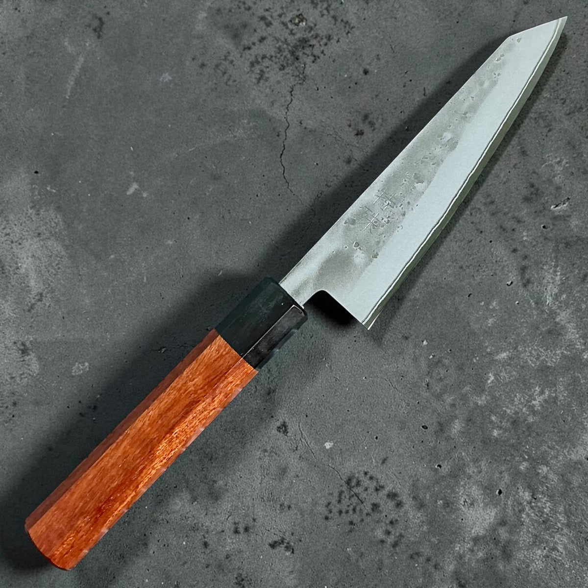 Tokushu Knife Honesuki 150mm Nashiji Blue No. 2, rosewood & ebony, front view #handle_rosewood & ebony