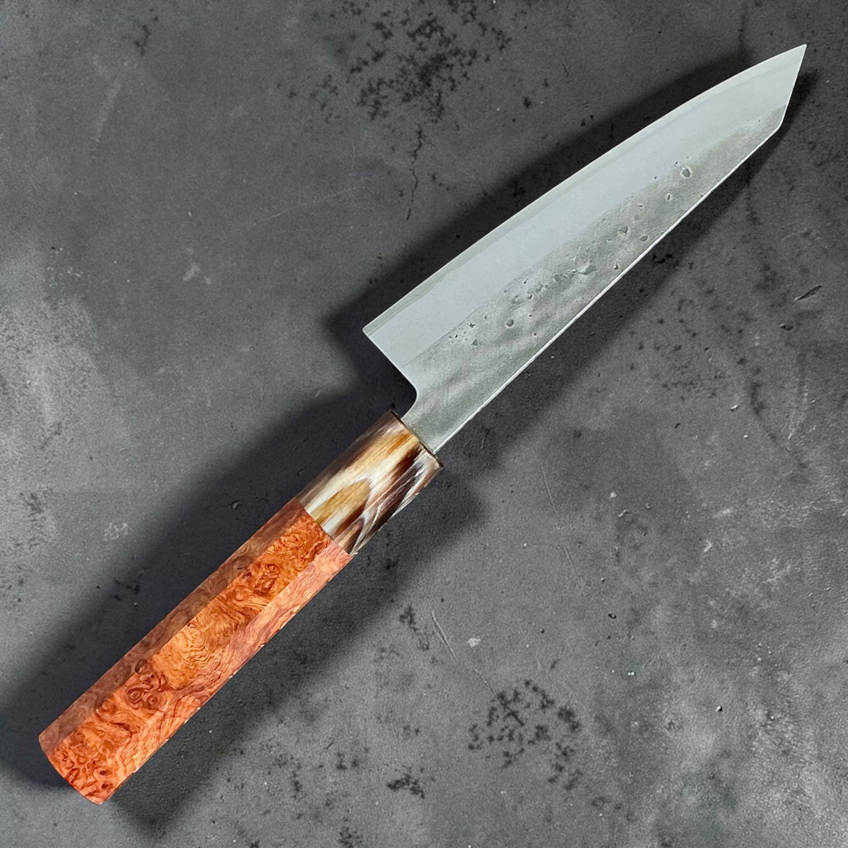 Tokushu Knife Honesuki 150mm Nashiji Blue No. 2, rosewood & horn, reverse view #handle_rosewood & horn