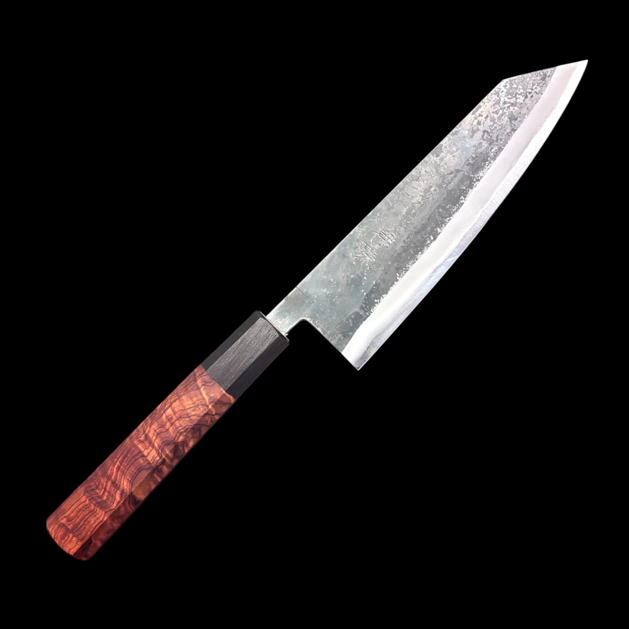 Tokushu Knife Rosewood Series White #2 Bunka 165mm, close-up showing rustic cladding, tapered spine, and octagonal rosewood handle.
