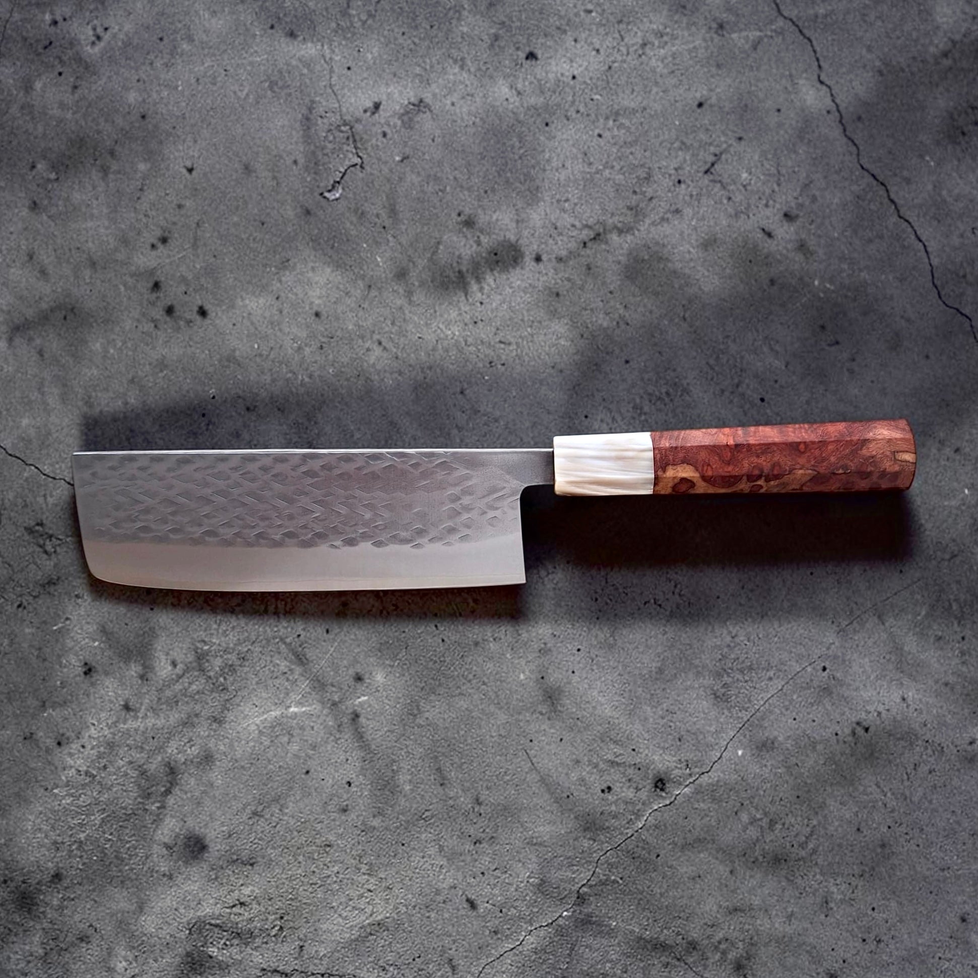 Tokushu Knife SLD Tsuchime Nakiri left side profile showing hammered blade finish and custom wa handle