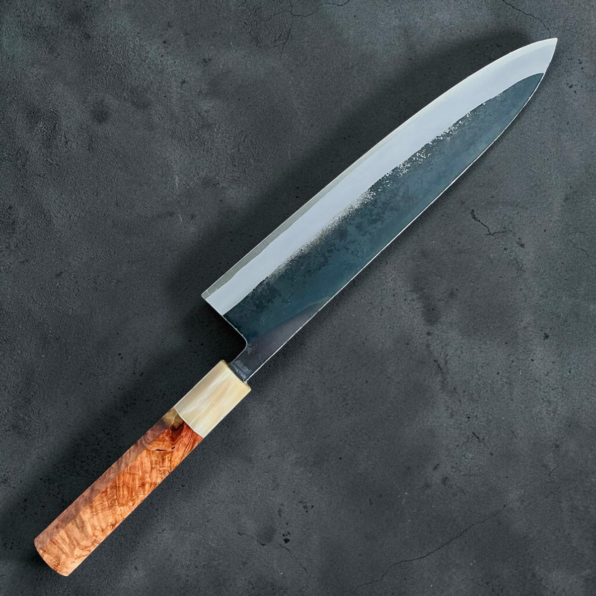 Tokushu Knife White No. 2 iron clad forged finish Gyuto 240 mm, amboyna with contrast & horn, angled reverse view #handle_amboyna with contrast & horn