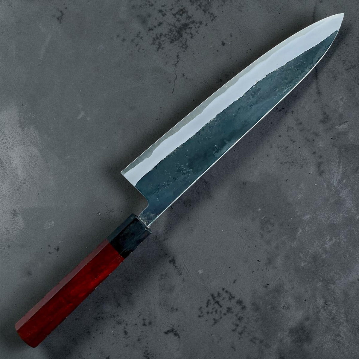 Tokushu Knife White No. 2 iron clad forged finish Gyuto 240 mm, rosewood & ebony, angled reverse view #handle_rosewood & ebony