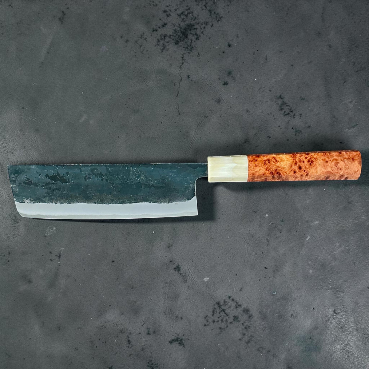 Tokushu Knife White No. 2 iron clad forged finish Nakiri 165 mm, rosewood & horn, reverse side profile #handle_rosewood & horn